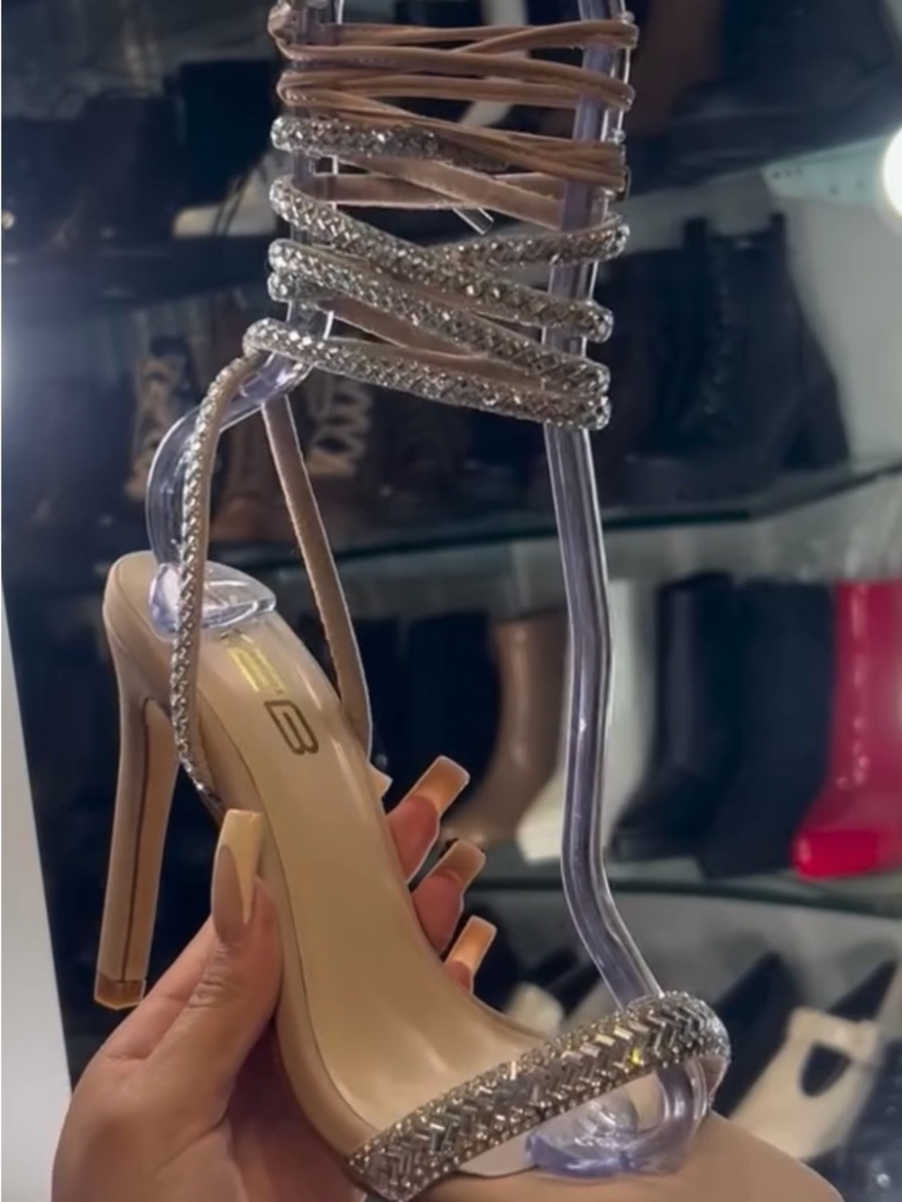 X2B Tan‎ Strappy Heels with Silver Crystal Braids Size 7.5